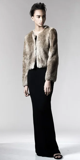 STYLE # T122161R long hair rabbit collarless jacket