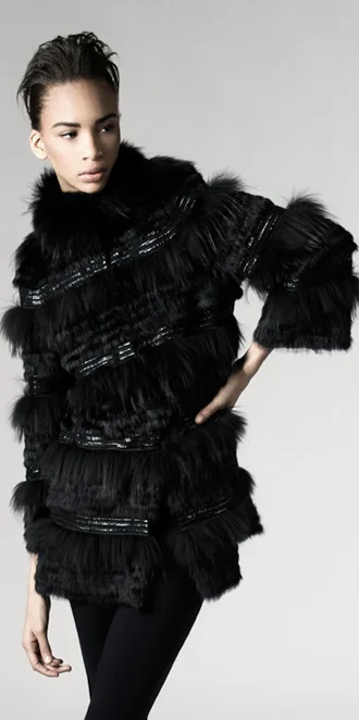 STYLE # T122199FR rabbit & finn raccoon layered coat