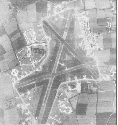 Airfield at Tibenham, RAF photo taken in April 1946 Note the peripheral frying-pan shaped hardstands for the B-24s Bomb and ammo dumps on the left; control tower and technical site on the right.