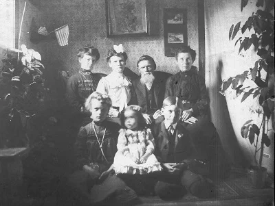 Probably about 1902, assume the Garrett family home in Macksburg Back Row, L-R: Laura Garrett Iiams, Flora Garrett Barker, Charles Robert and Catherine Garrett Front row, L-R: Lula Iiams, Nina Barker, Harley Garrett