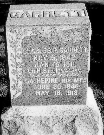 Cemetery Marker, Moon Cemetery, Macksburg, Madison Co., Iowa Charles R. and Catherine McGuire Garrett Of note is that this marker is a large granite stone and not limestone.