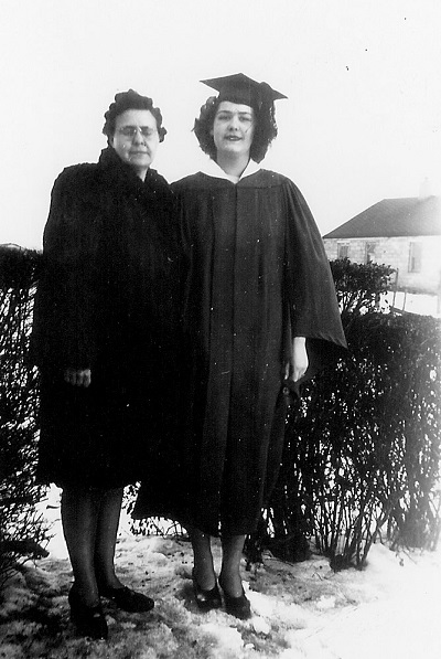 Zita and Helen Jones, probably January 1945 High school graduation photo, location unknown (Maynard wrote that Helen graduated in June 1945.)