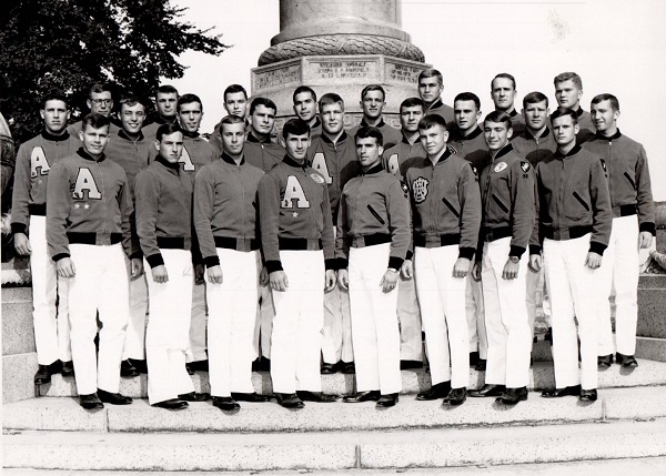 First Classmen, Co. B-1, 1st Battalion, 1st Regiment at Trophy Point Front Row L-R: A. Haas, G. Phelps, A. Anshus, A. Erb, B. Owens, D. Helsel, R. Loder, J. Seiler. Middle Row: T. Young, J. Pedersen, F. McCullough, J. Newman, J. Dinger, W. Maloz, S. McGue, W. Groening, M. Modeen. Back Row: C. Garrett, C. Rock, E. Quinn, C. Araya, R. Schoville, D. Kremenak, M. Hanson, D. Wallestad.