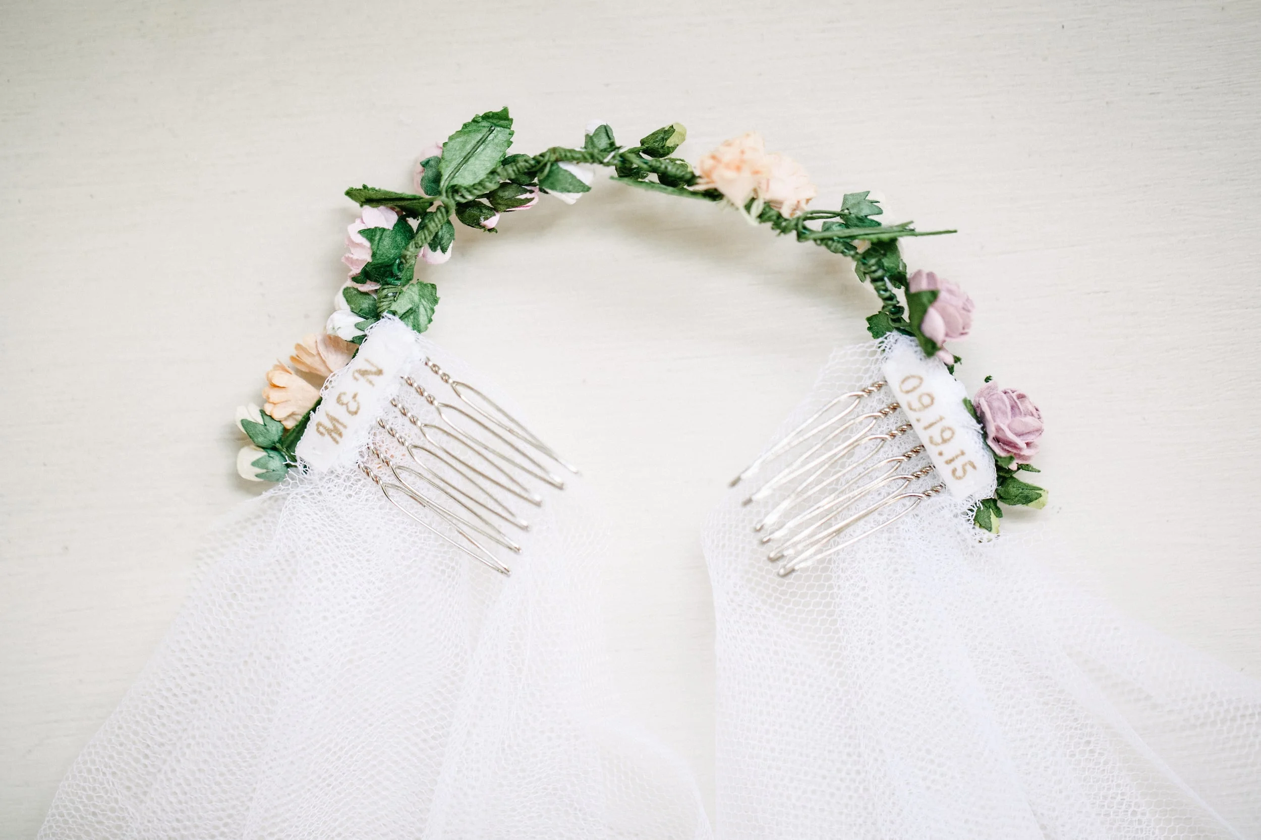 Nelly An's Montacute Veil - gold personalised tags and custom flower bar