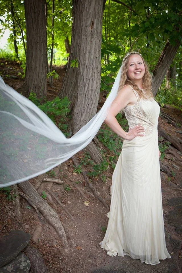 Renata wearing a Cornwall Crown and Veil - Dried flower crown, detachable floor length ivory veil with Oriel lace edge