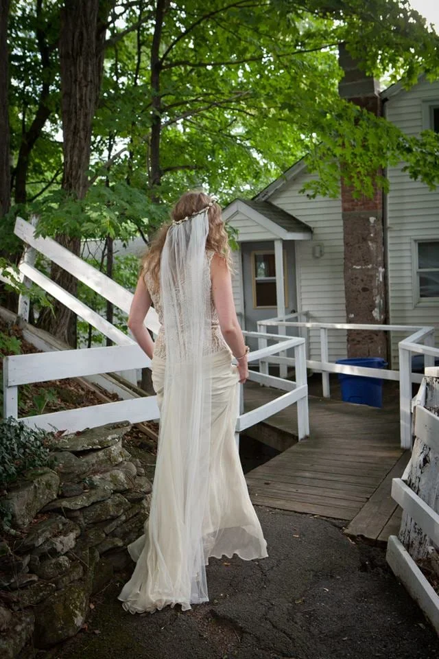 Renata wearing a Cornwall Crown and Veil - Dried flower crown, detachable floor length ivory veil with Oriel lace edge