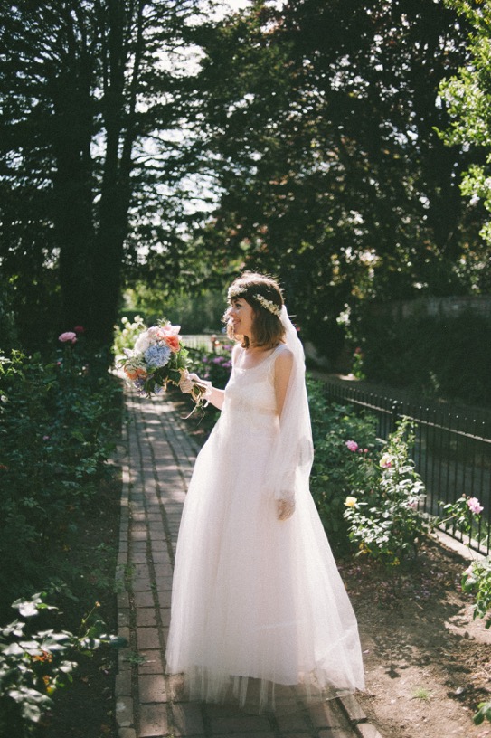 Rebecca wearing an ivory 100% silk veil