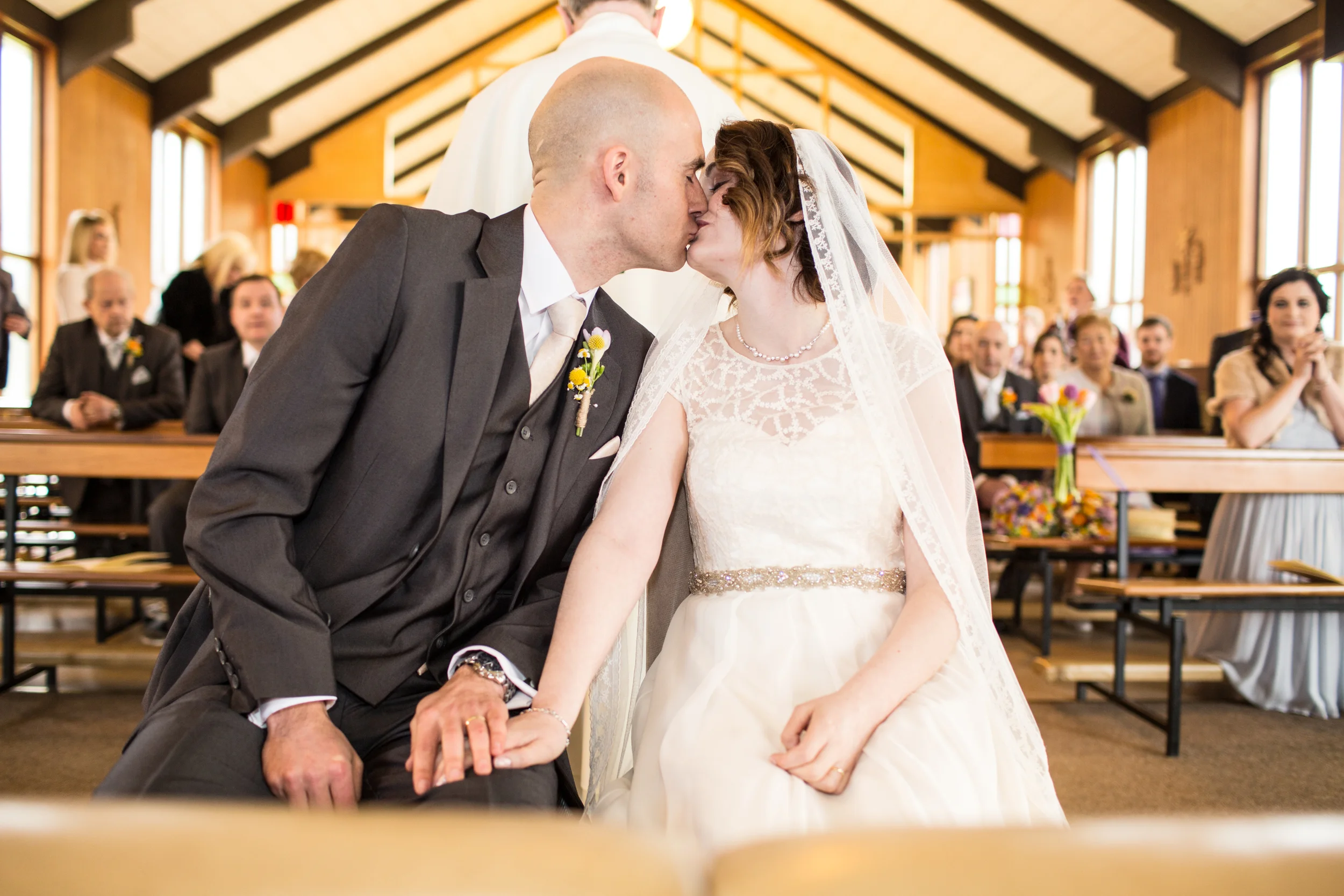 Catherine wearing a classic veil - floor length ivory veil with Somerville lace edge