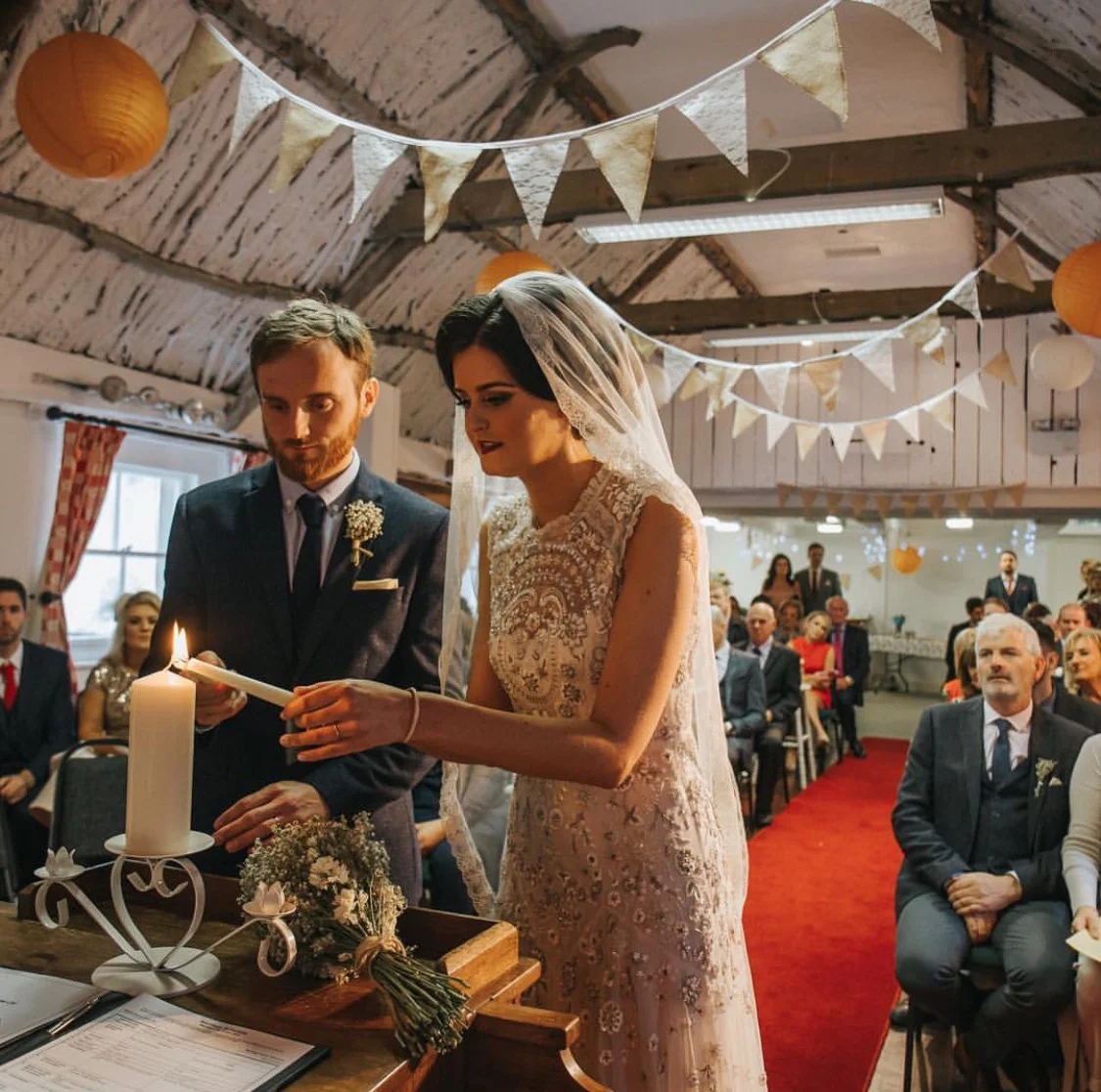 Claire wearing a classic veil - floor length ivory veil with Rexcote lace edge