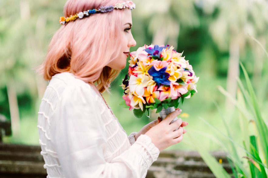 Helen wearing the Bainbridge Crown - multicoloured floral crown made from parchment and artificial flowers and berries Photograph by Gus Mank http://www.gusmank.com