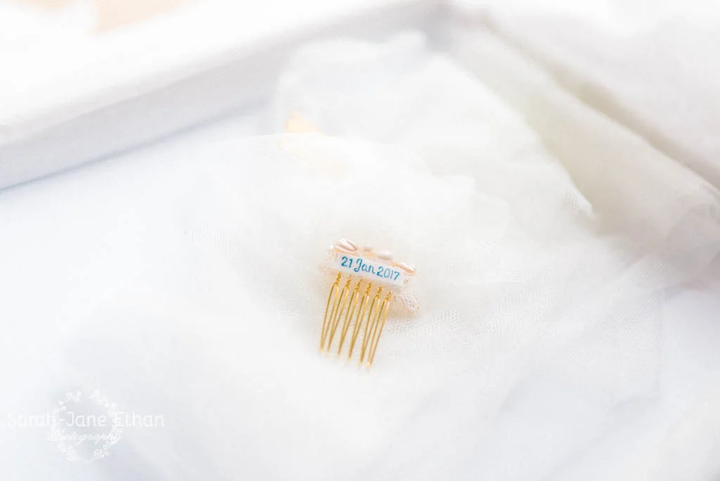 Dawn wearing the Dawlish Veil - Ivory raw cut drape veil with ivory pearl and vintage bead combs Photograph by Lisa Jane Photography at http://www.lisajane-photography.com