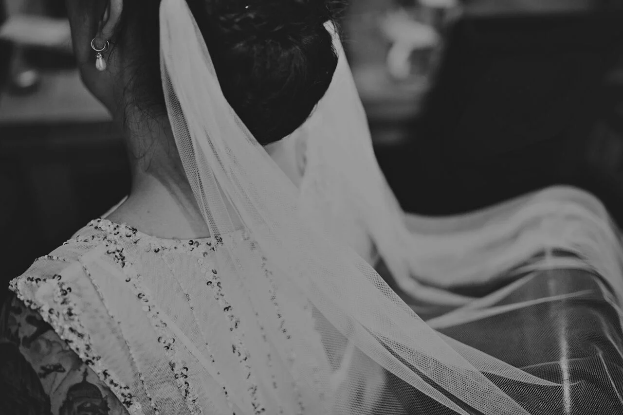 Emma wearing the Hampshire veil - Drape veil with two glass bead leaf combs and ivory detachable veil Photograph by Lisa Jane Photography at http://www.lisajane-photography.com