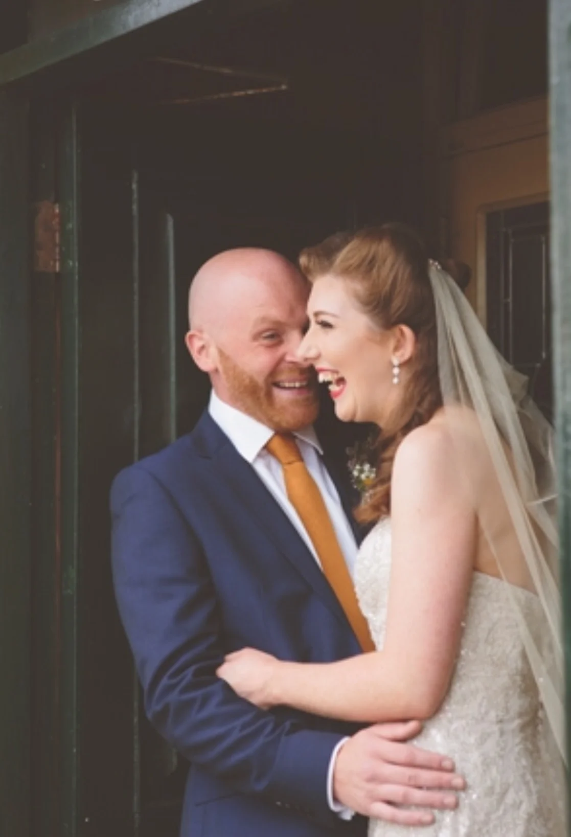 Roisin wearing the Dawlish veil - champagne draped cathedral length veil with ivory pearls and peach coloured vintage beads sewn into the comb Photograph by In Love Photography at http://www.inlovephotography.ie