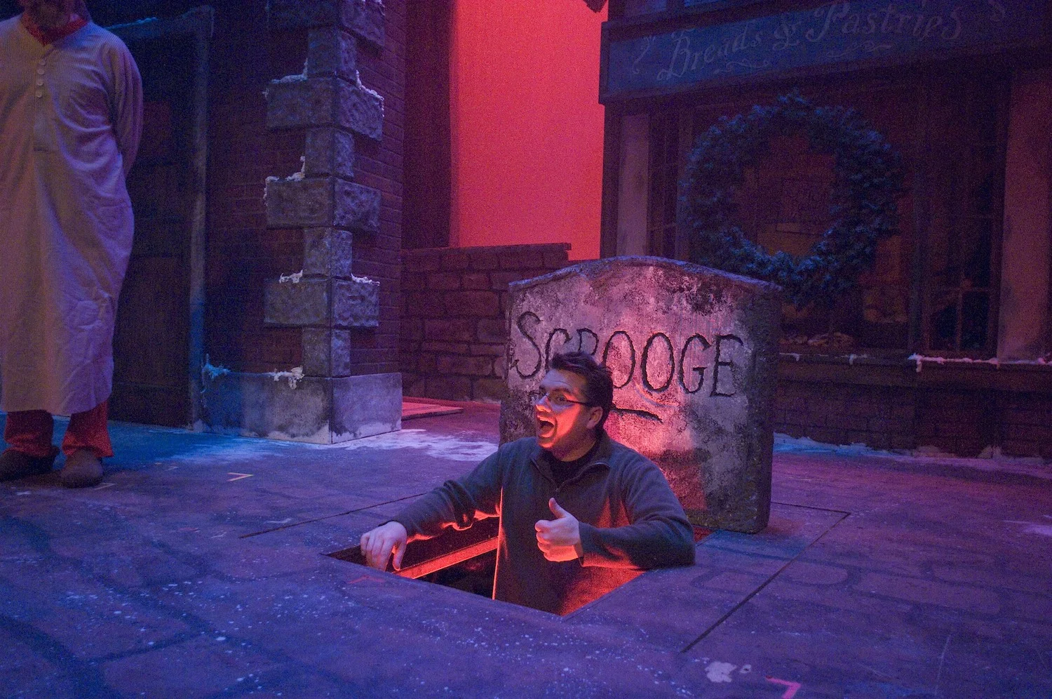 Testing out the trap door and lighting effects for SCROOGE at Duluth Playhouse