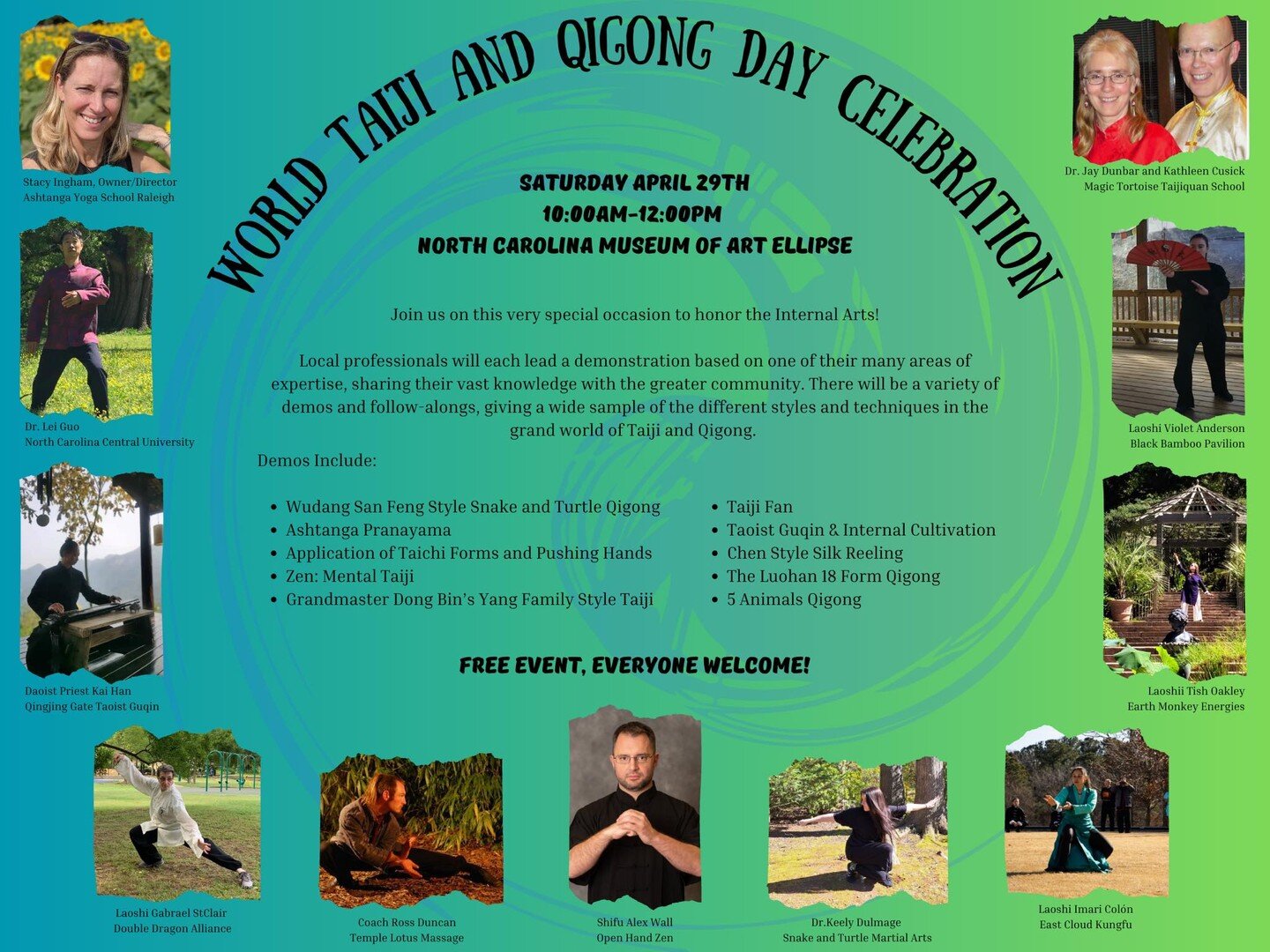 Join us for World Taiji Day on April 29th! Looking forward to a full day of taiji and fellowship.

#nctaiji, #taiji, #taijiquan, #durhamtaiji, #blackbamboopavilion, #taichi, #taichiquan, #triangletaichi