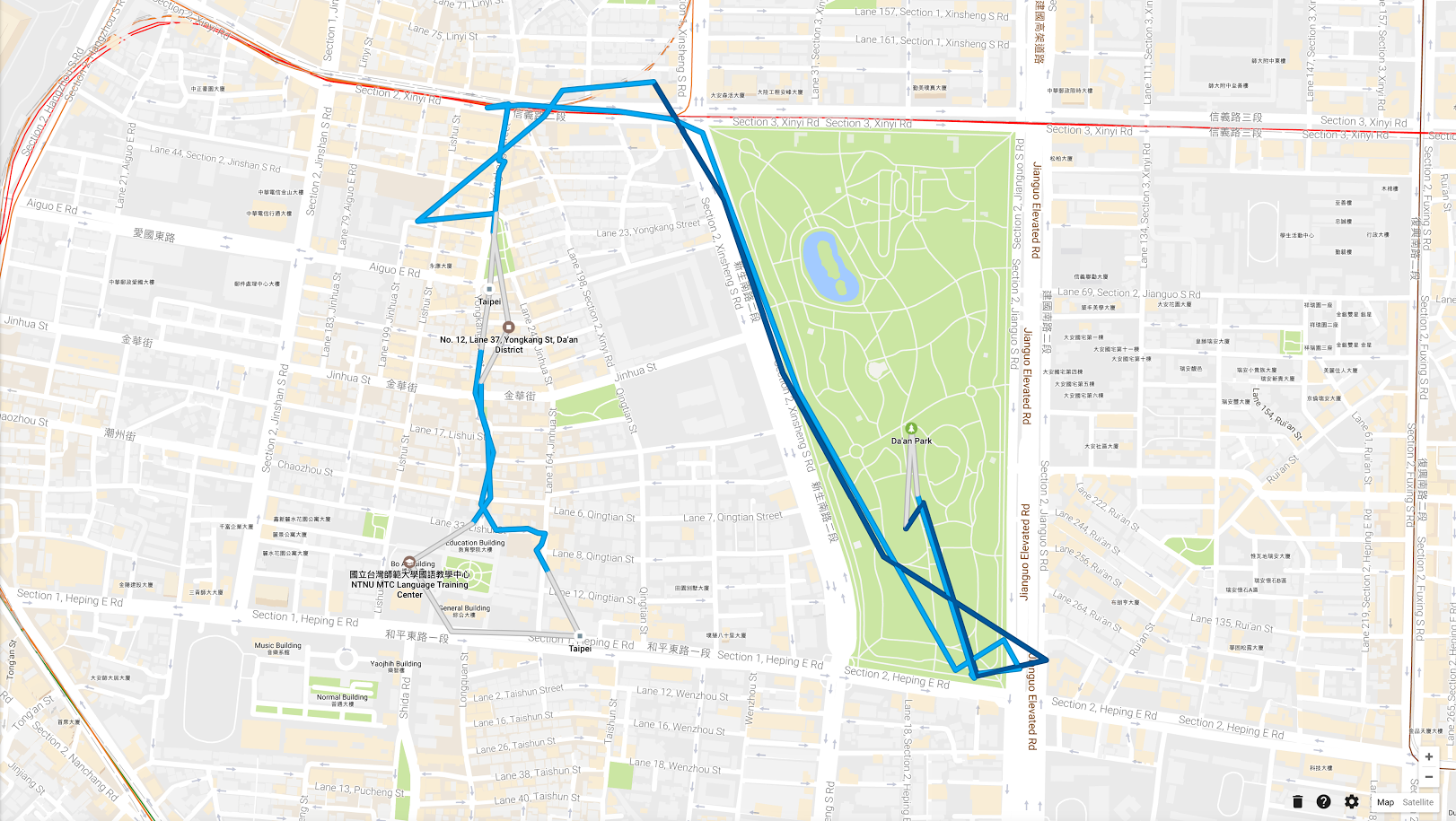 Map from Yong Kang Street to Da’an Park and National Taiwan Normal University