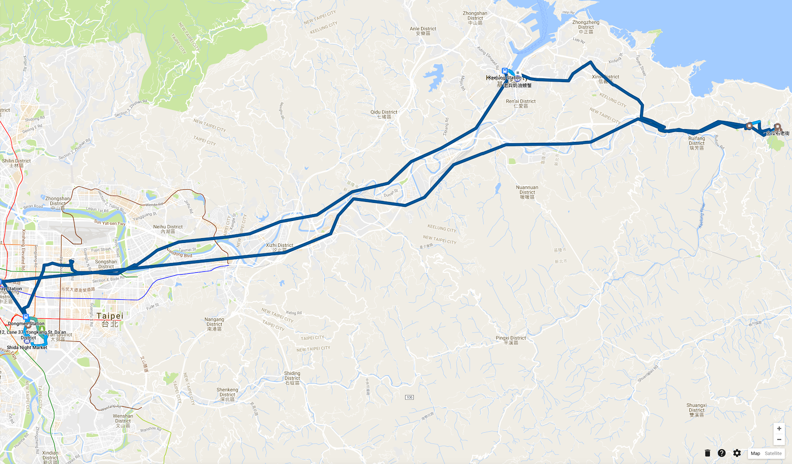 Map from Yong Kang Street to Jiufen and Keelung