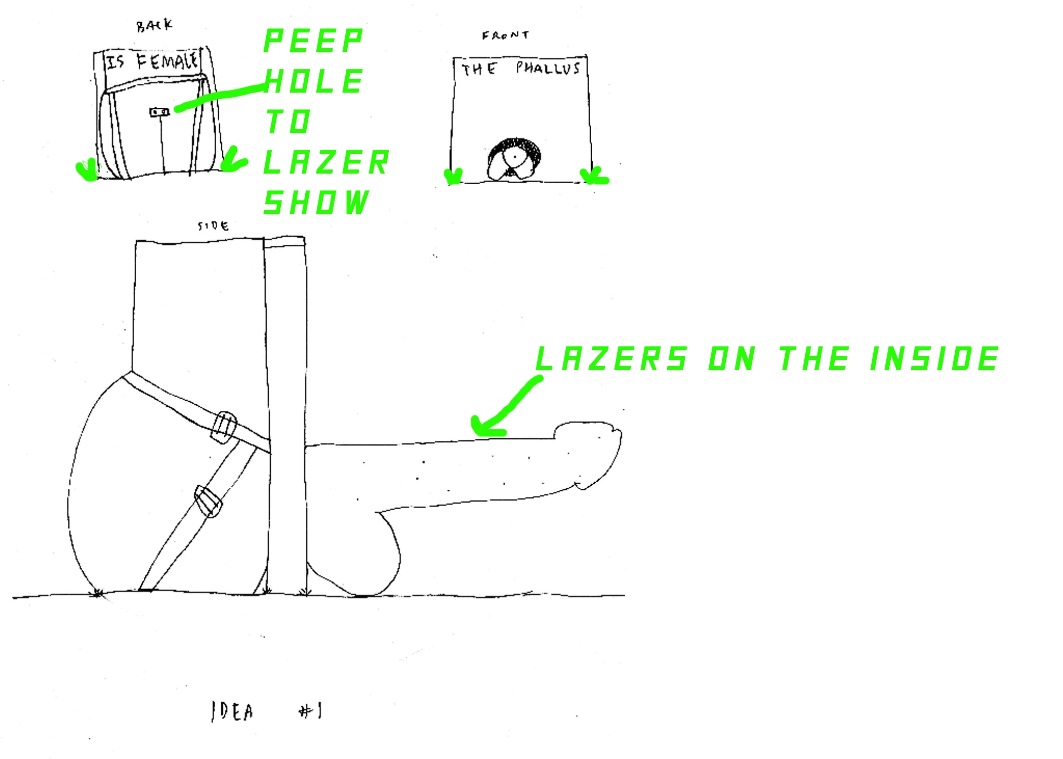 A BIG SCULPTURE CALLED "THE PHALLUS IS FEMALE" WITH LAZERS/LASERS IN THE PENIS VIEWED FROM THE BUTTCRACK. 