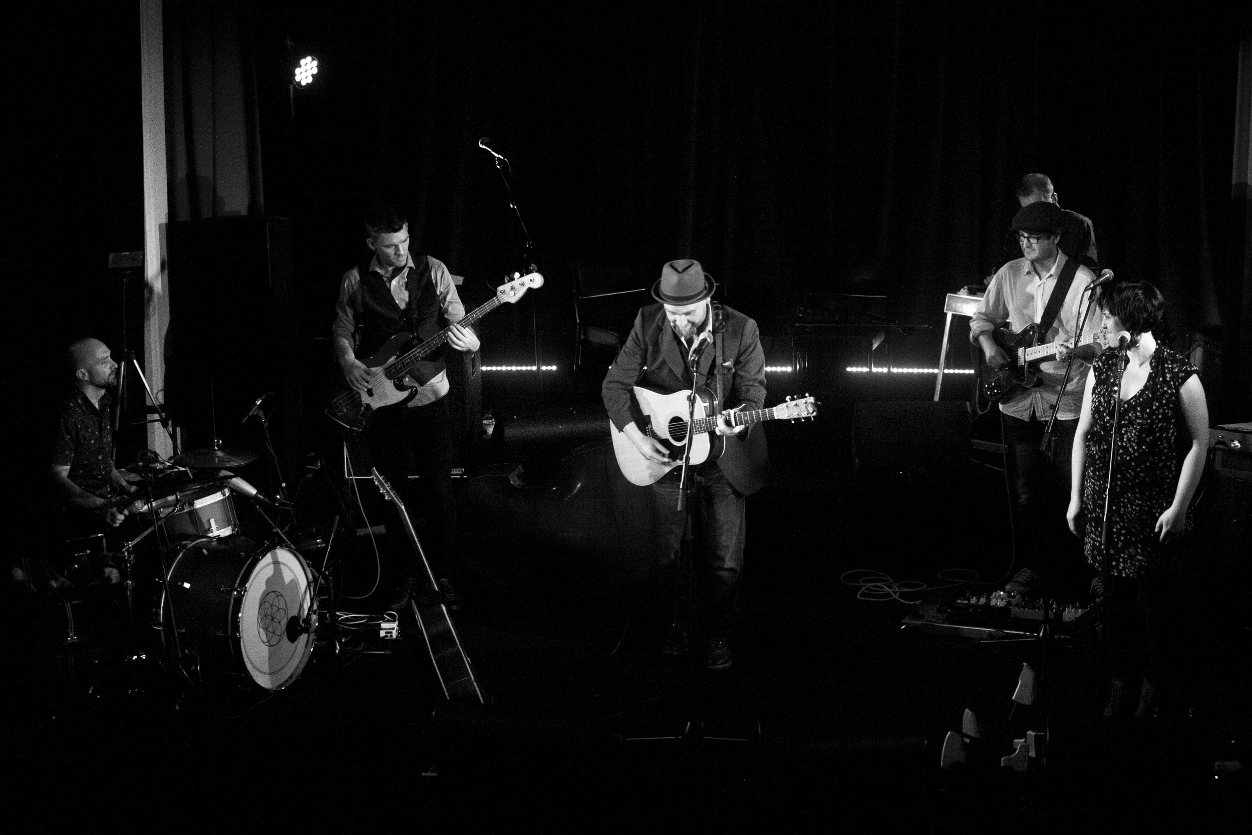   Here with Gallie launching 'The Occoquan River' at Memo Music Hall, St Kilda.    Also pictured; Tristan Courtney, Robbie Melville, Liz Stringer, Garret Costigan.    Photo by Marcus Byrne.  