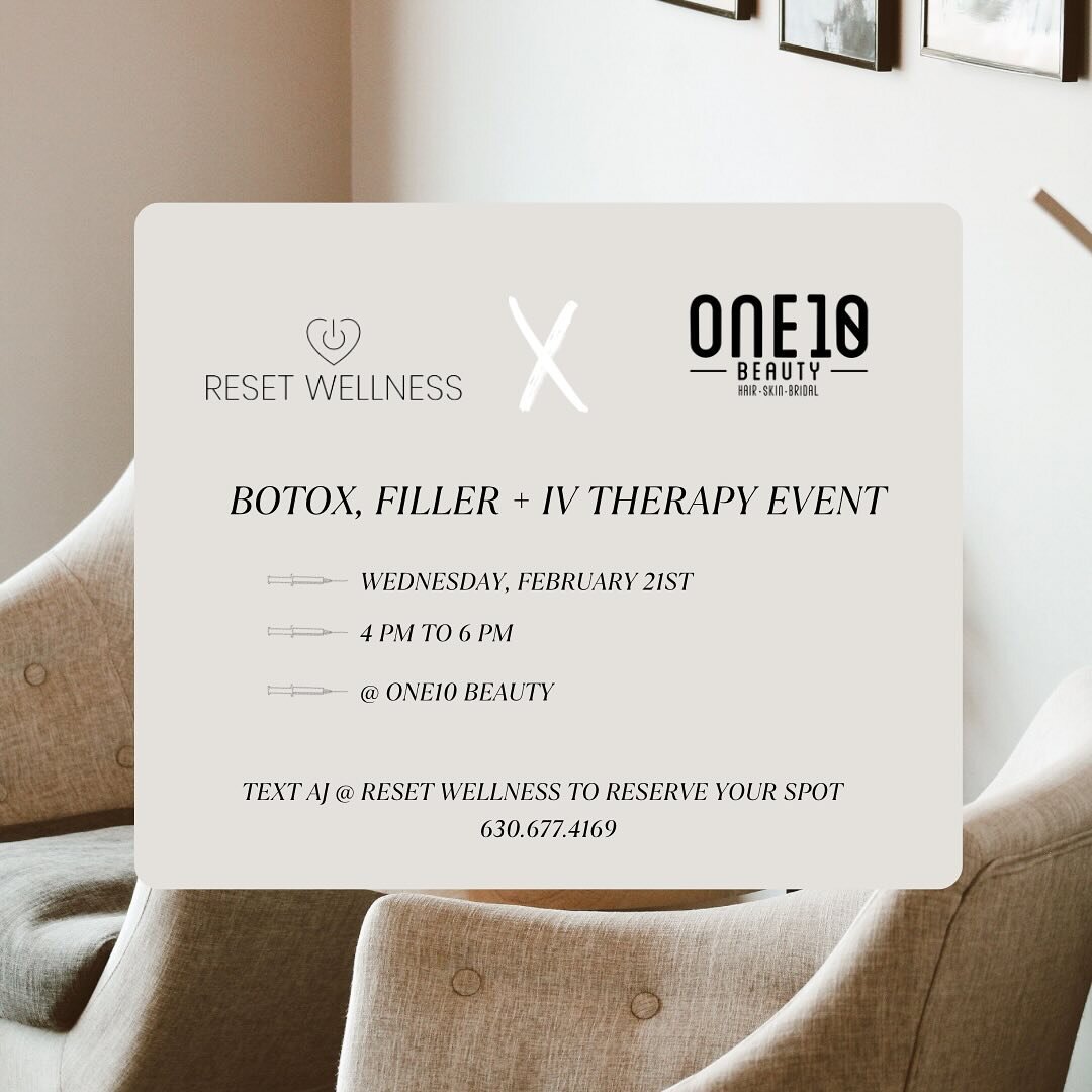 What better way to spend love month than with a little love for yourself 🤍🤍

 Join us for a BOTOX, FILLER + IV THERAPY EVENT w/ @resetwellness.co 💉💉

WHEN: WEDNESDAY, FEBRUARY 21
TIME: 4 PM TO 6 PM
WHERE: ONE10 BEAUTY SALON

It&rsquo;s perfect wa