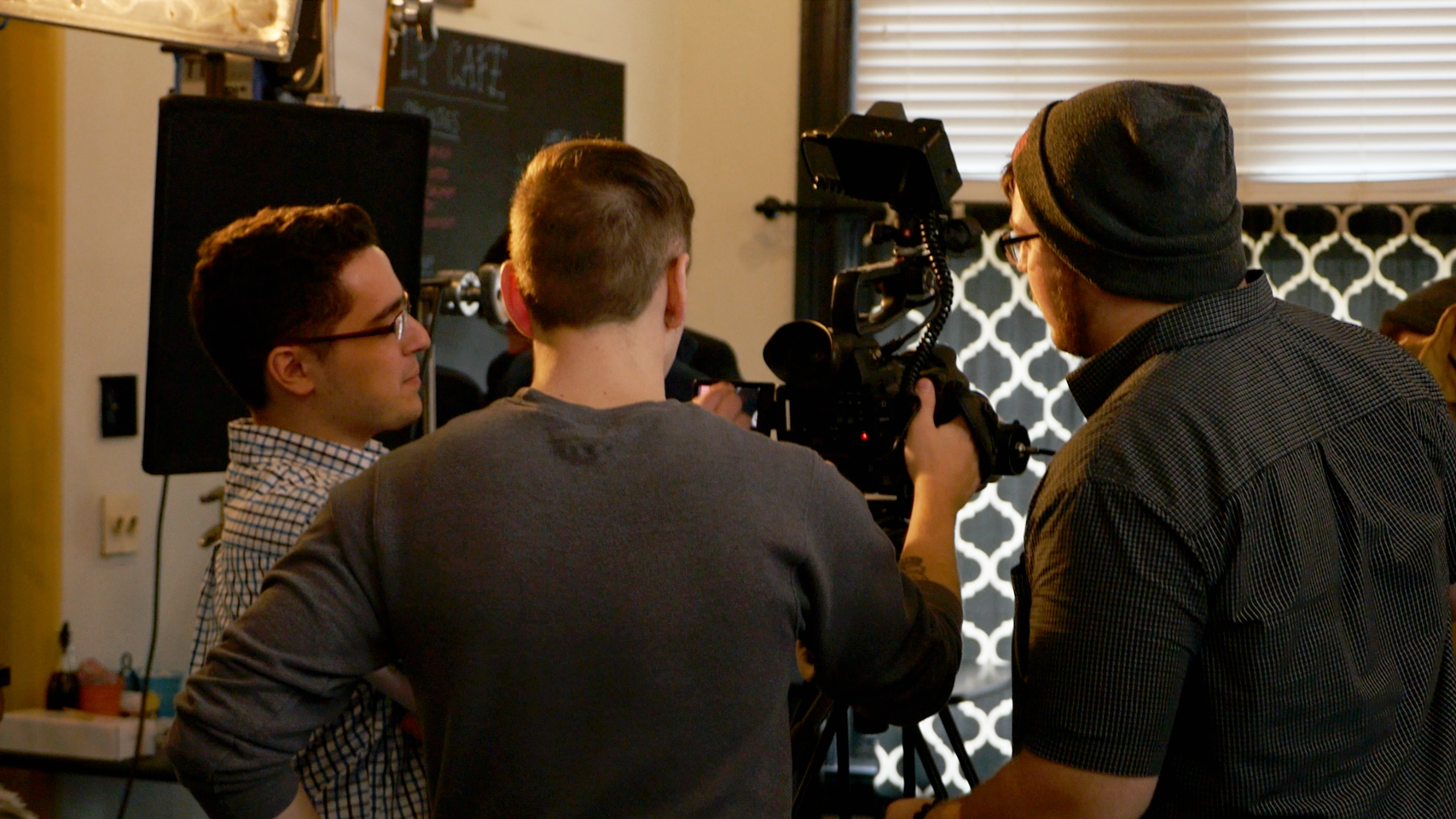 On set for the promotional videos for the Edinboro Cinema and Art Departments. From left to right: myself, Jossua K. Olar, Brade McClain.