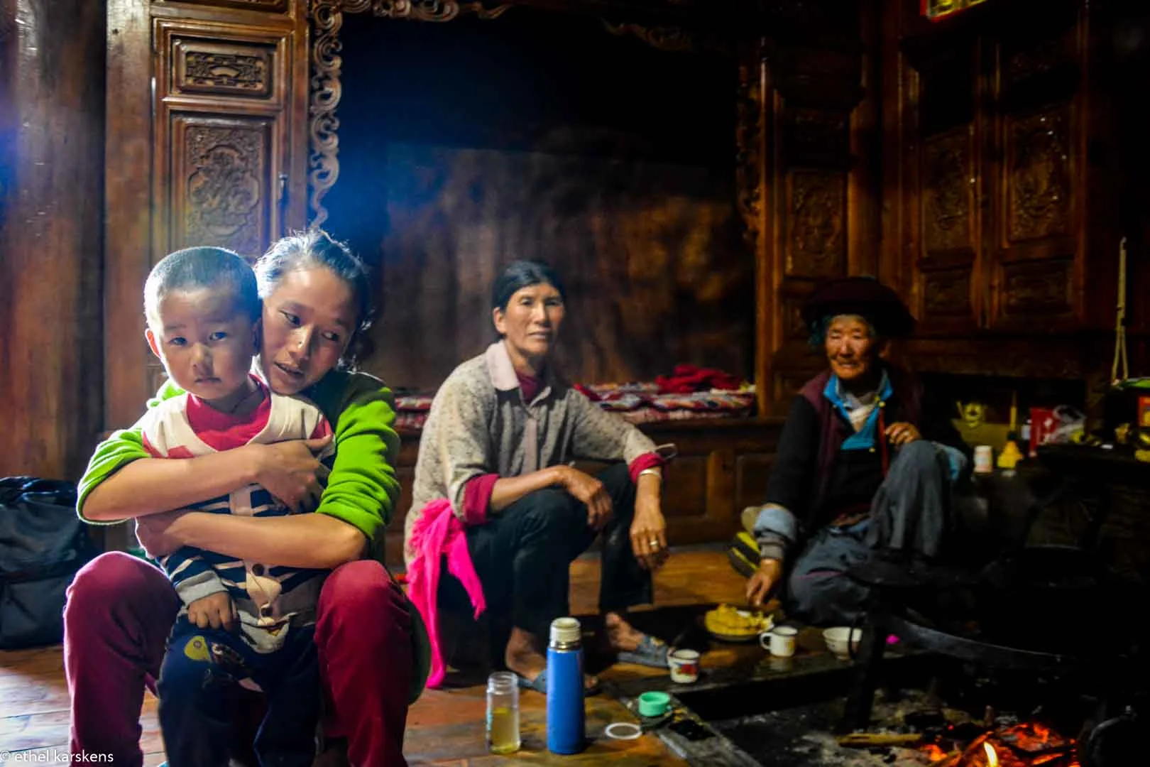 Three generations of women in a Mosuo house