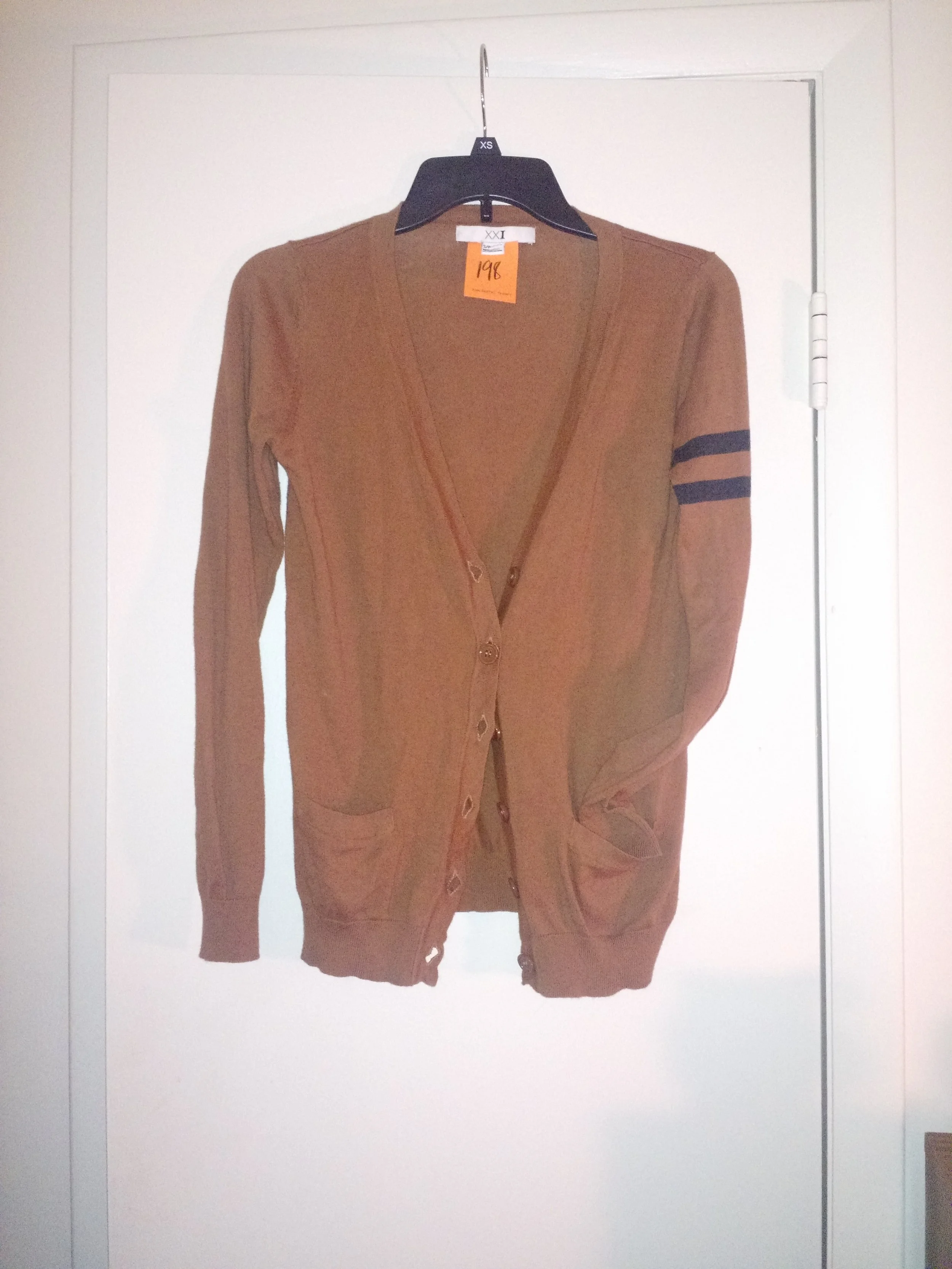 I love finding cardigans at the thrift store. Ones that actually fit me. This is a tan and black Forever 21 cardigan for only $1.98 This is great for transitioning from summer to fall and also for a mild winter (which we sometimes have in Virginia).
