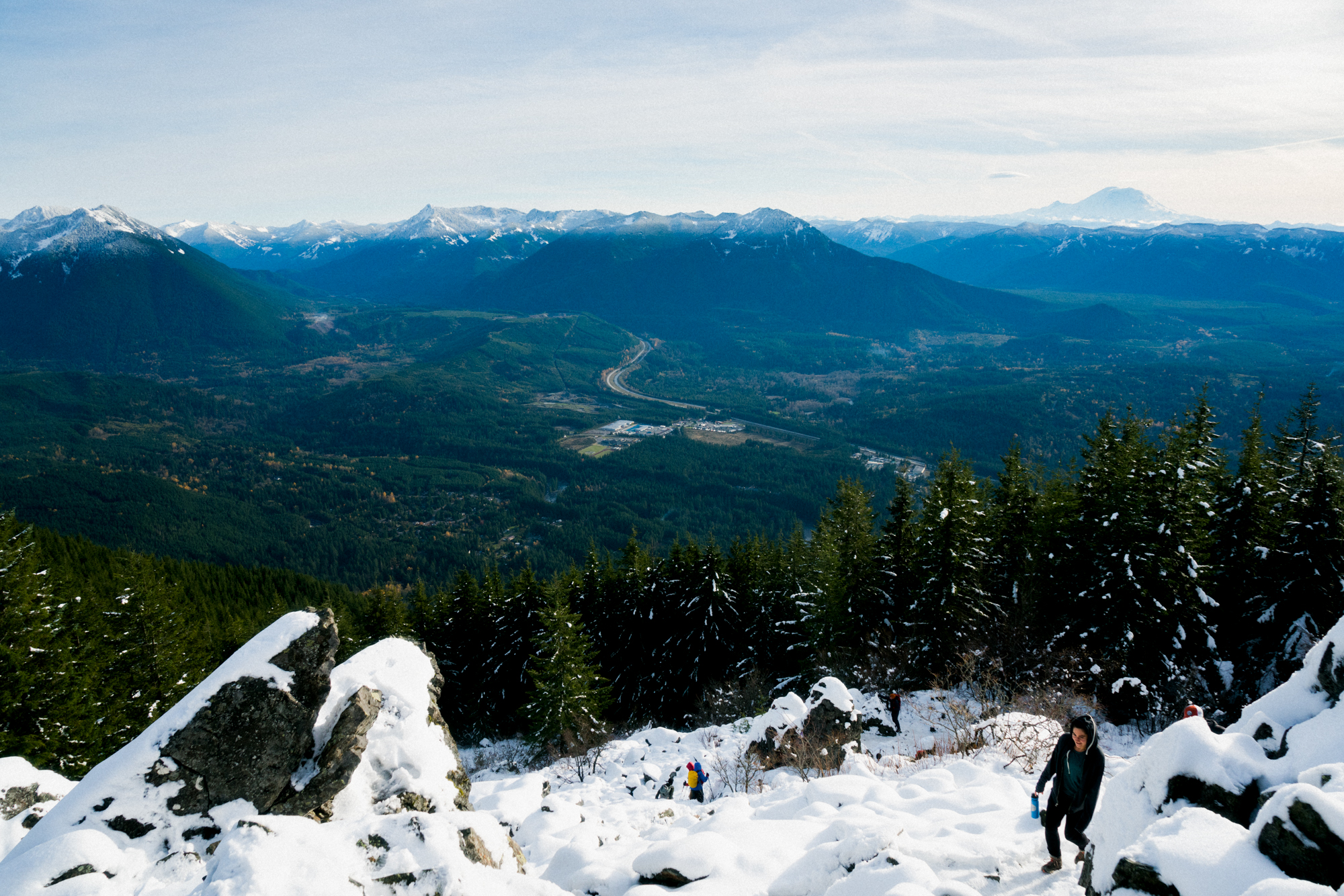 A view of I-90 and the Cascade Mountain Range from the top of Mt. Si.