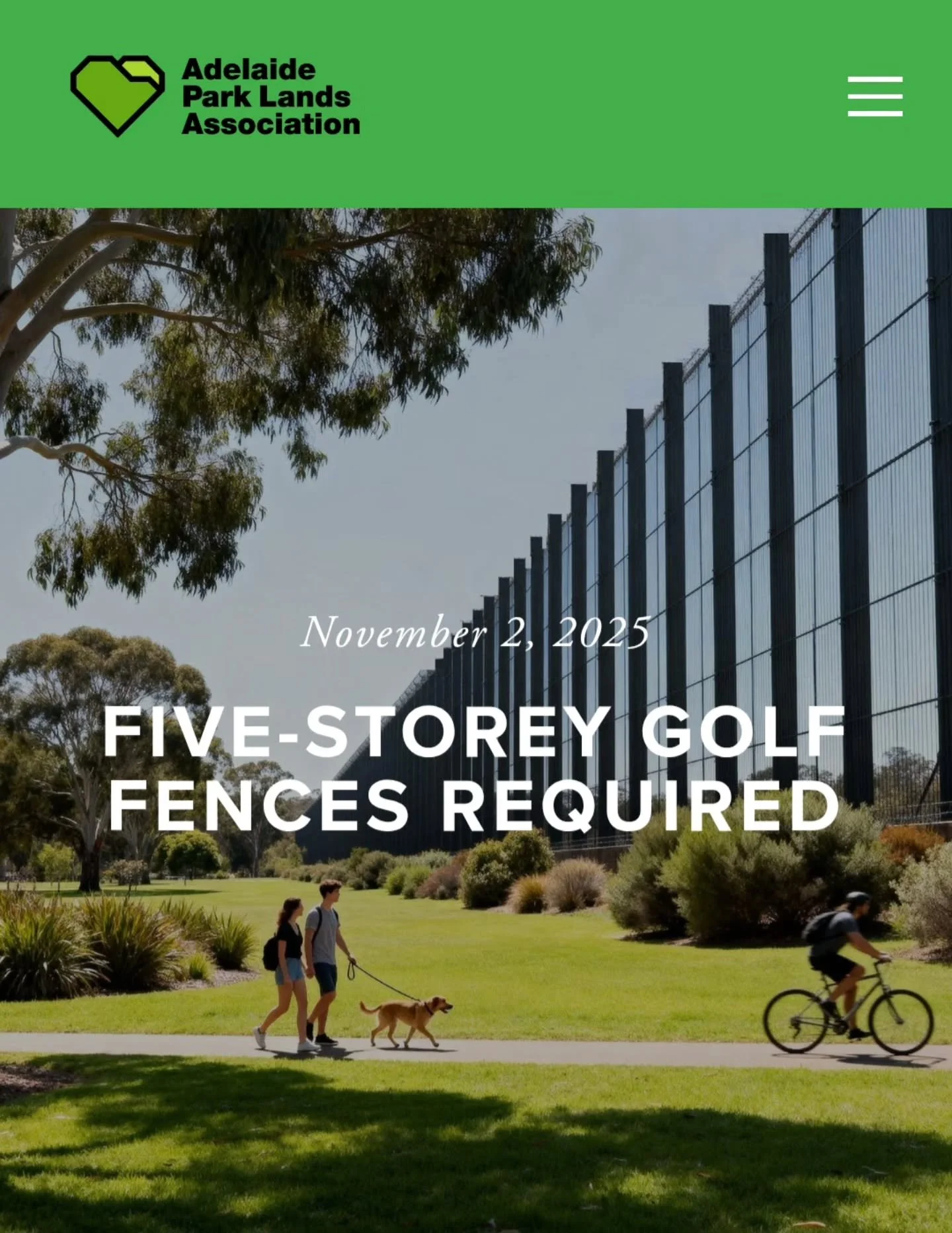 Fences or nets as high as a five-storey building will be required in your #adelaideparklands, to safeguard the public from wayward golf balls hit from a State Government driving range.

READ MORE AT THE BLOG LINK IN OUR BIO