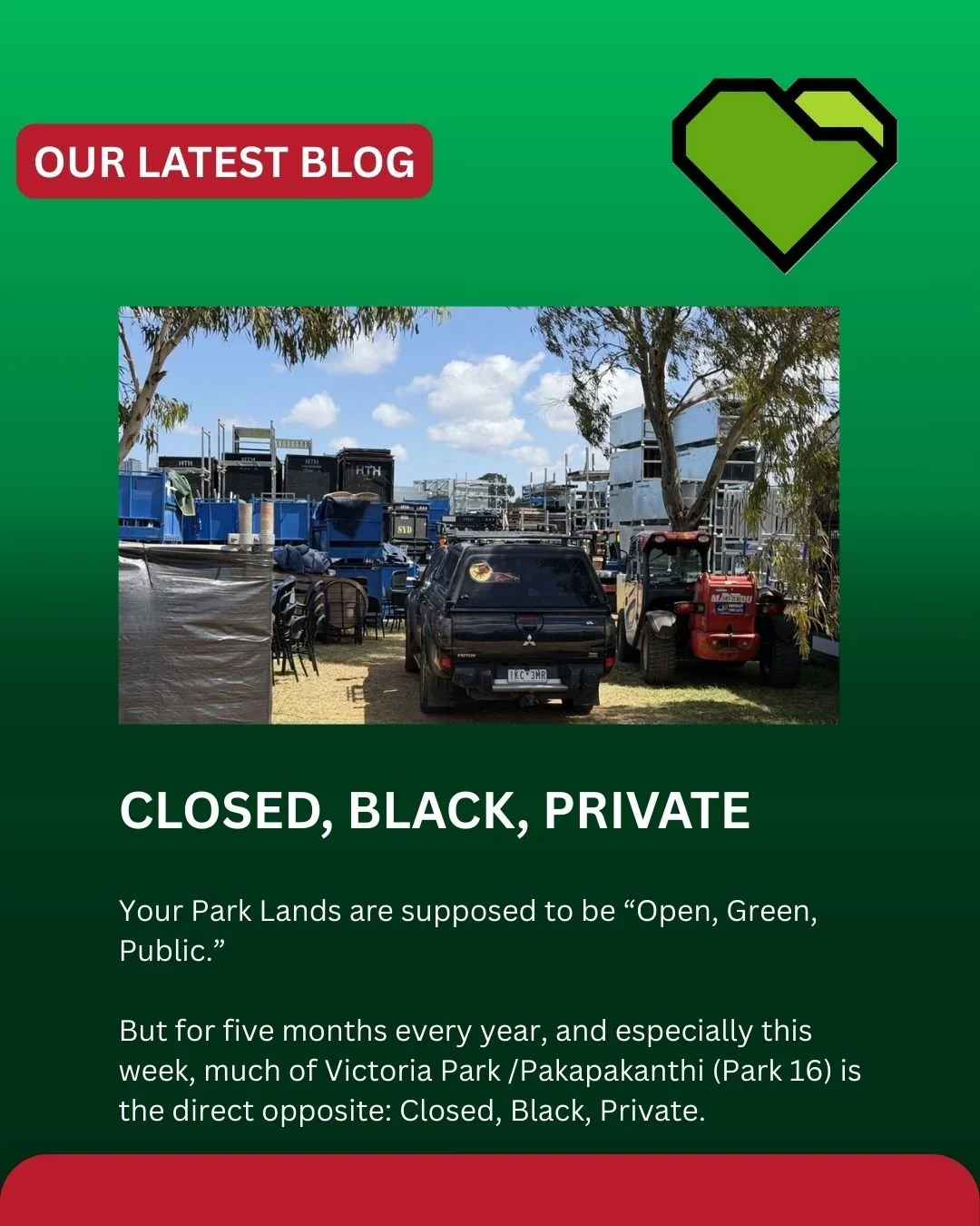 Adelaide&rsquo;s Park Lands are being fenced off for months at a time &mdash; blacked out, closed and for private commercial events. Read what&rsquo;s happening in Parks 15 &amp; 16 and why it matters.

#ProtectAdelaideParkLands #adelaideparklands #k