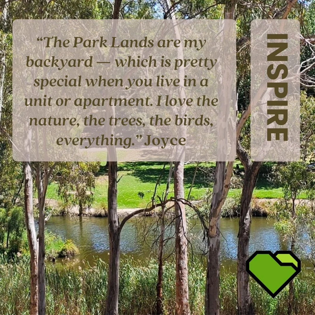 INSPIRE: A UNIGUE BACKYARD 

With the continual development of apartment living, the Adelaide Park Lands is vital for the well-being of the residents. Green, Public, Open for the many that do not have their own outdoor or green space. 

Are the Park 