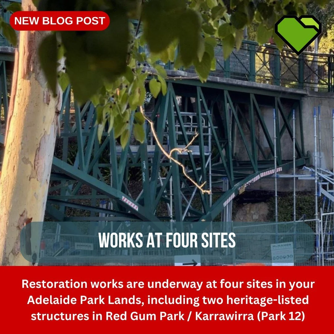 BLOG: WORKS AT FOUR SITES

Restoration works are underway at four sites in your Adelaide Park Lands, including two heritage-listed structures in Red Gum Park / Karrawirra (Park 12)

The sites are: 
1. University footbridge
2. Angas memorial, and
3. T