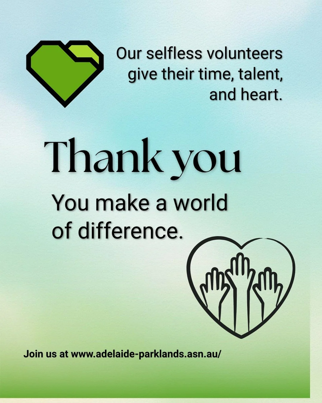 INSPIRE: Our volunteers are the heart of the Association. 

At the conclusion of Volunteer Week we want to express our sincere thanks and appreciation for the many people that volunteer their time and energy to ensure the Adelaide Park Lands Associat