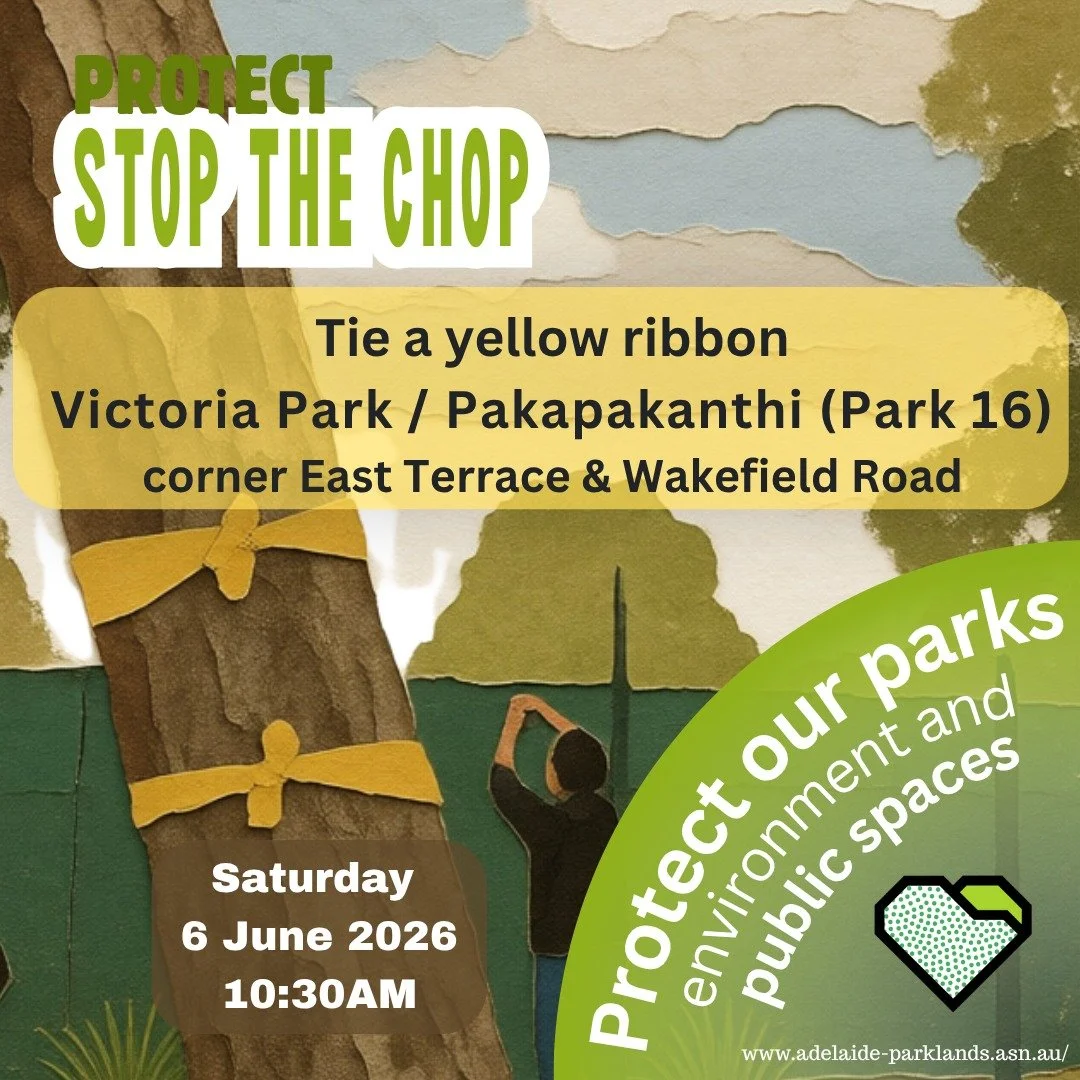 PROTECT: Stop the Chop - Protect our Parks Environment and Public Spaces

Saturday 6 June 2026
10:30am
Victoria Park / Pakapakanthi (Park 16)

IMPORTANT CHANGE TO MEETING POINT: 
  Congregate on the corner of East Terrace &amp; Wakefield Road 

Bring