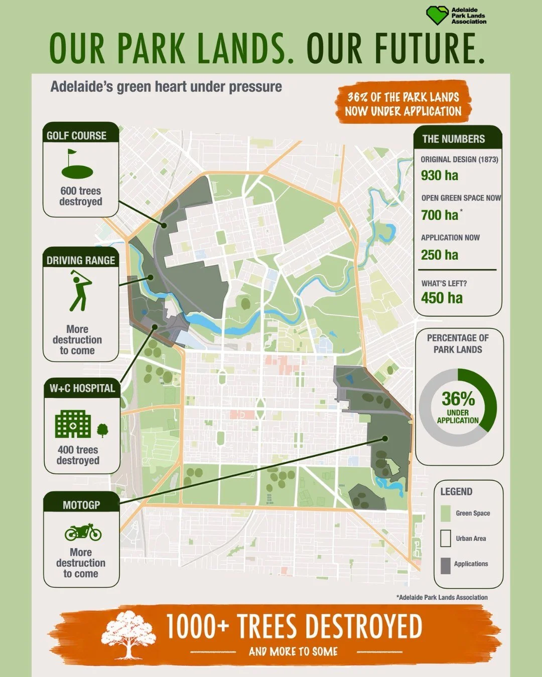 PROTECT: Stop the Chop &ndash; A visual display showing where canopy and green spaces have been lost to your Park Lands. 

Dave Nettle, a member of the Adelaide Park Lands Association has created these graphics giving a very clear overview of the dev