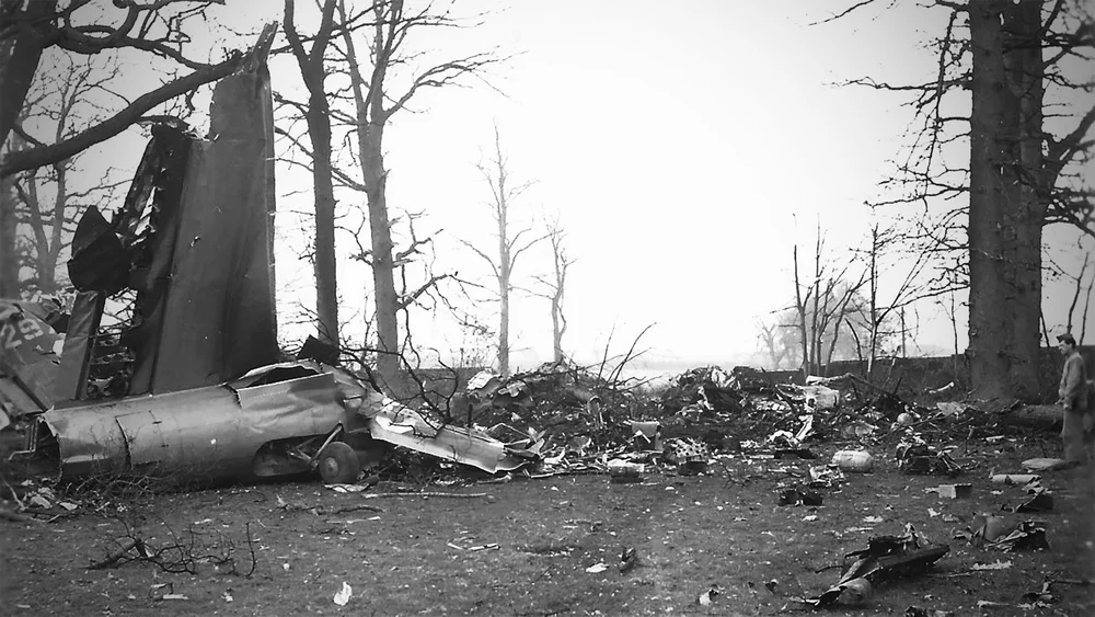 wreckage of Hightower's B-17 (remnants of the vertical stabilizer are at left)