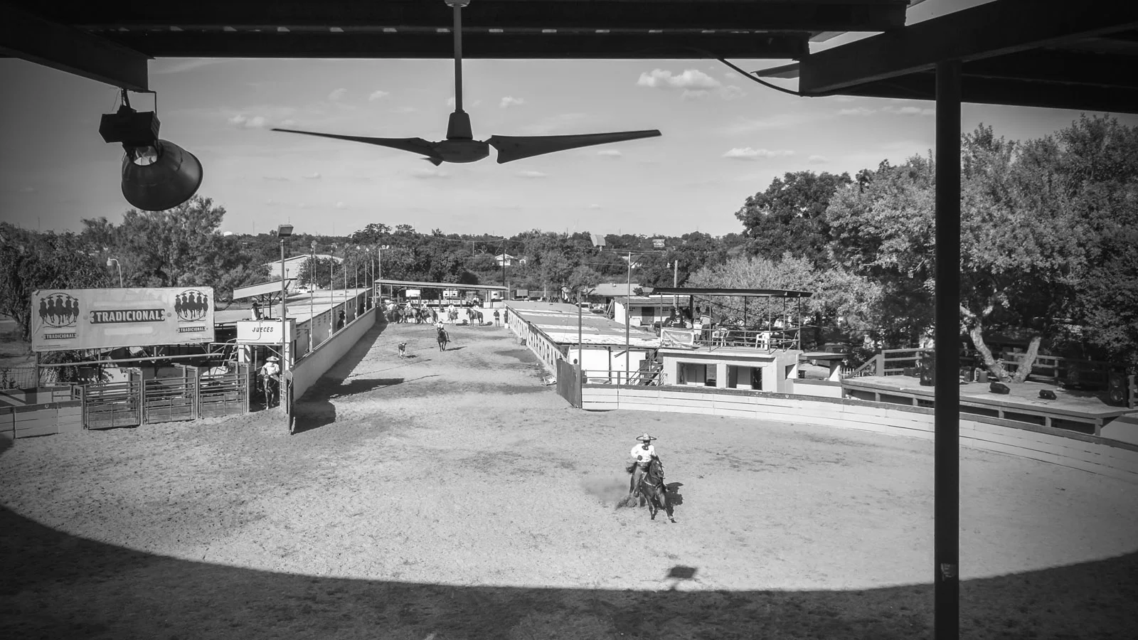A charro charges into the ruedo.