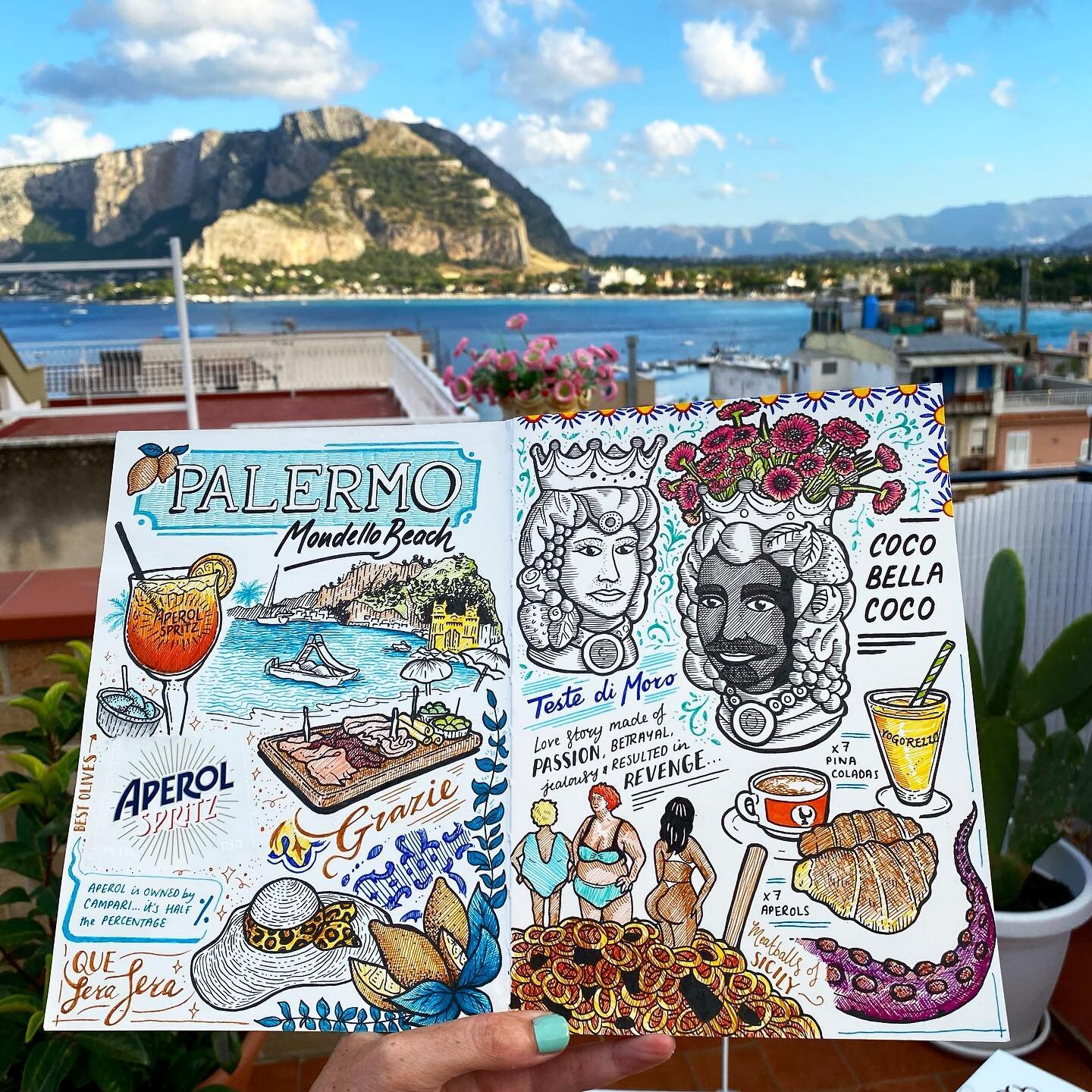 Hello Palermo and hello sketchbook - it&rsquo;s good to be back 🍋 a few beautiful days of exploring, pasta, aperol, pi&ntilde;a coladas and grilled octopus. Palermo and it&rsquo;s people have many stories to tell.
&bull;
&bull;
&bull;
#illustration 