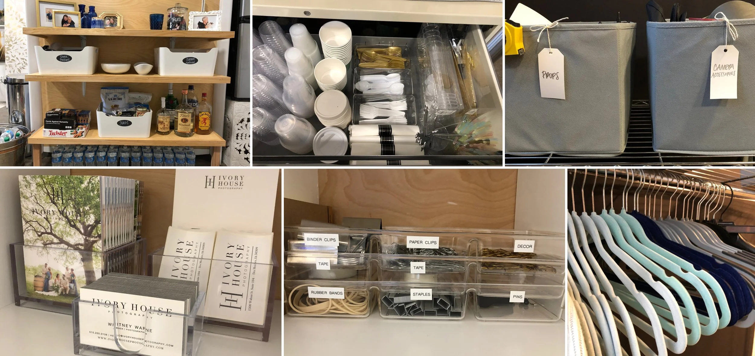 After photos of her snack area, cabinet drawer, shooting area, and production area cubbies