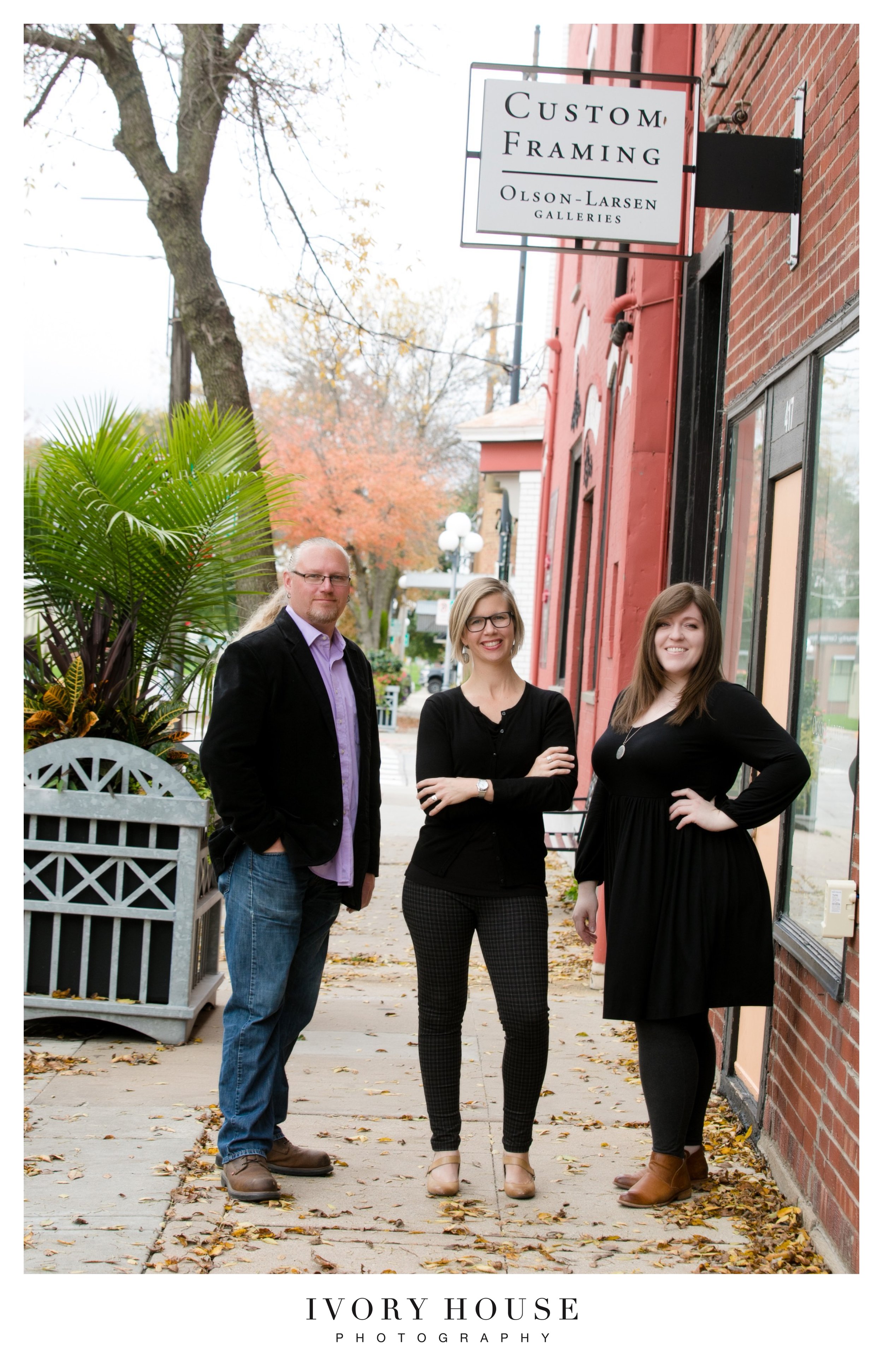 The “small but mighty” team from left to right: Mark Goodrich , Frame Shop Manager, Susan Watts , Owner, Alyss Vernon , Gallery Manager.