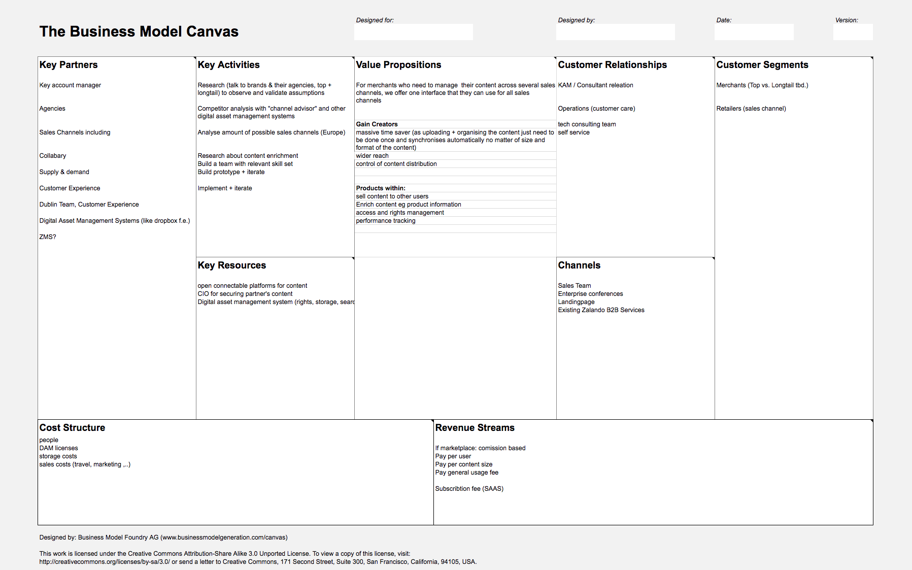 The initial Business Model Canvas filled with assumptions to validate