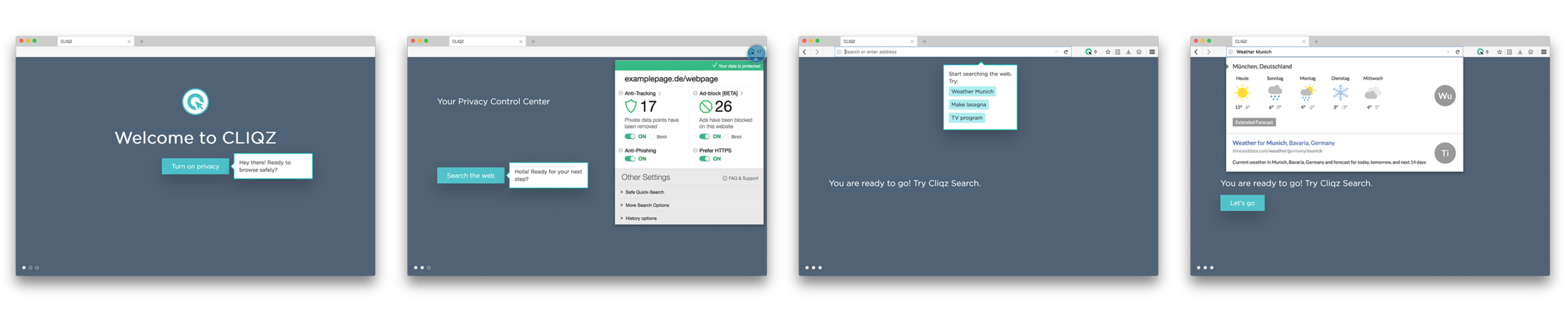 The main steps of the Cliqz for Desktop in-product onboarding for new users