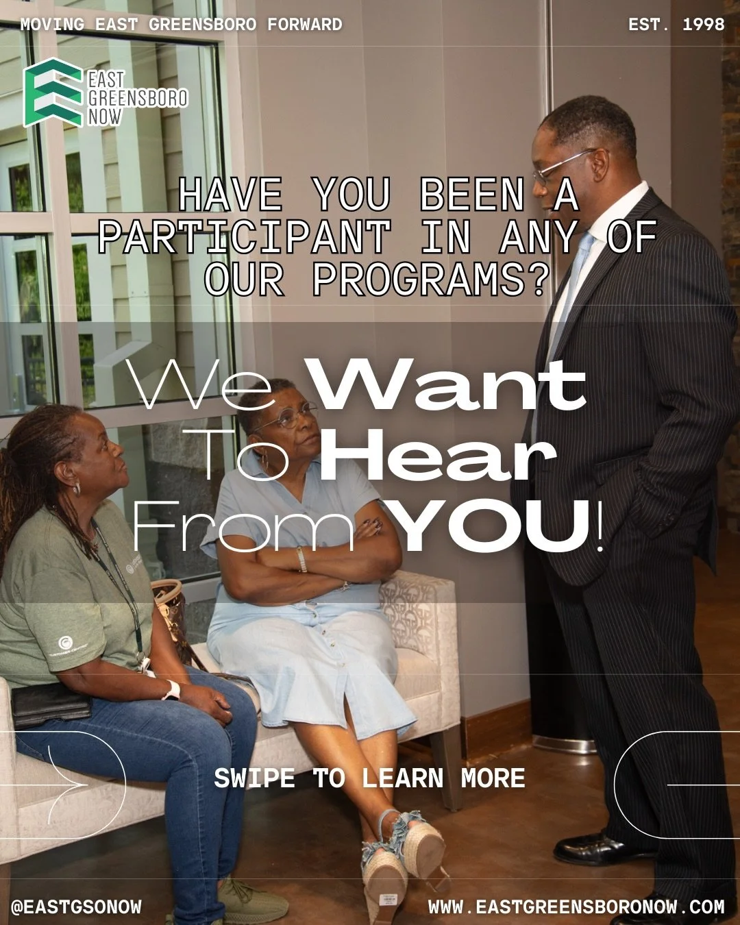 We Want To Hear From YOU! 💚

If you&rsquo;ve been part of our ecosystem&mdash;through our programs, events, or by feeling the positive impact of our work in East Greensboro&mdash;we&rsquo;d love to hear from you!

💬 Share your experience with us! ?