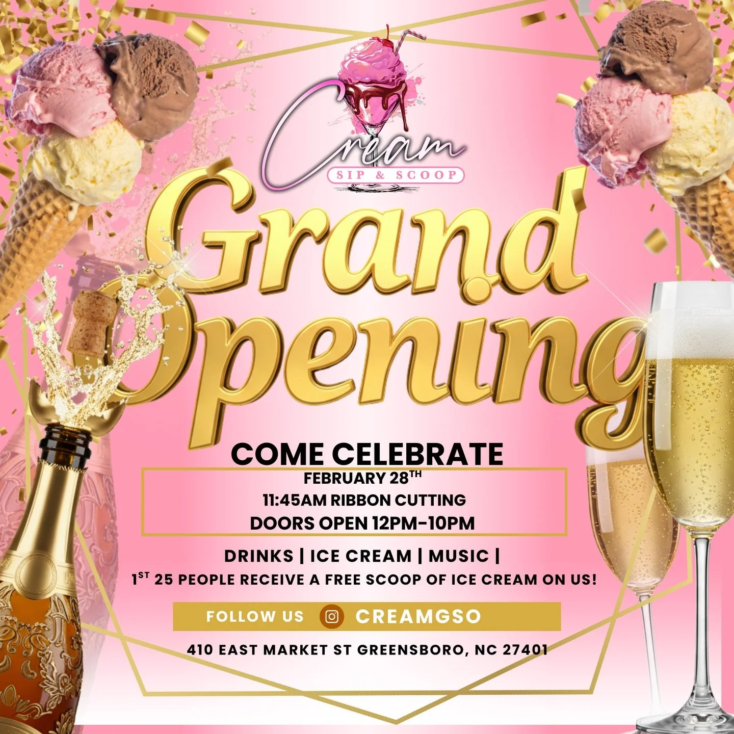 We all scream for ICE CREAM! 🍦✨

Join our neighbors at Brick &amp; Rail as they celebrate the Grand Opening of @creamgso &ndash; Cream Sip &amp; Scoop! 🎉🥂

🗓 February 28th
✂️ Ribbon Cutting at 11:45AM
🚪 Doors Open 12PM&ndash;10PM
📍 410 East Mar