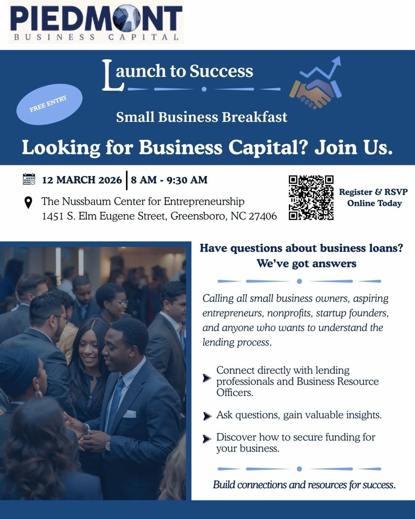 @piedmontbizcap is offering a fantastic opportunity to connect directly with lending professionals and business resource officers. 💰

This event allows you to ask questions, gain valuable insights, and learn how to secure funding for your business! 