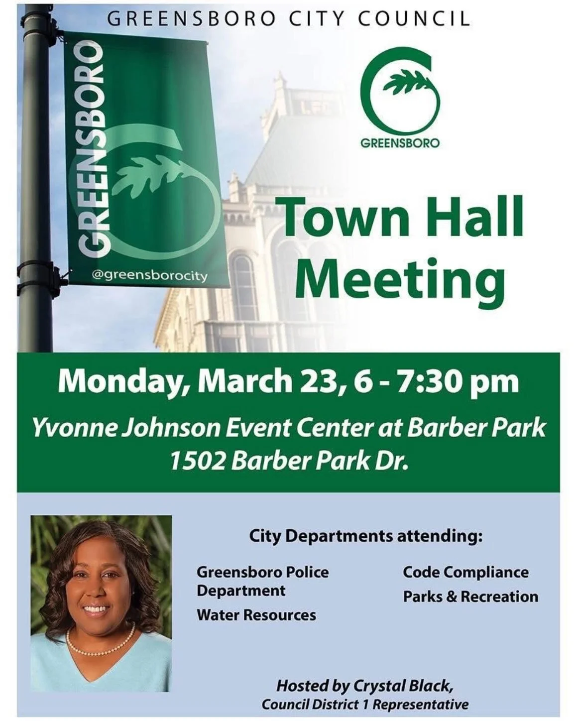 District One! 💚

Join your city council representative, @blackcrystal1120 for your first town hall meeting of 2026! 

Residents are invited to connect directly with City departments in an open and welcoming setting designed for conversation and comm
