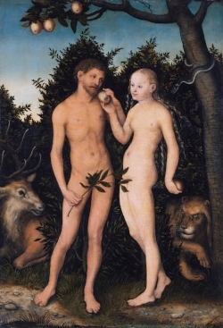 Lucas Cranach the Elder painting of A and E with an apple. The original fruitarians.