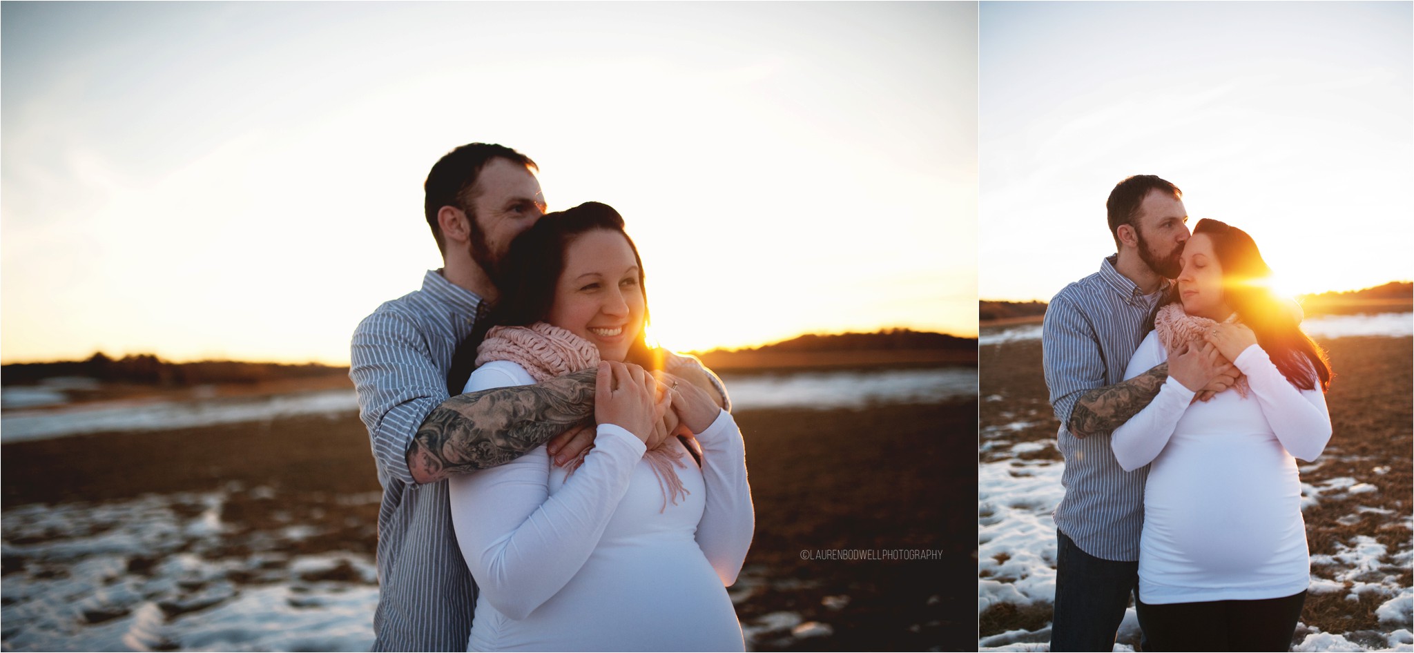 man and women hugging at sunset