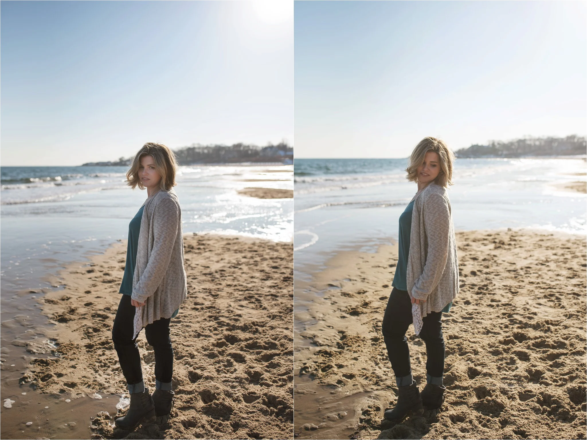 women posing at the beach