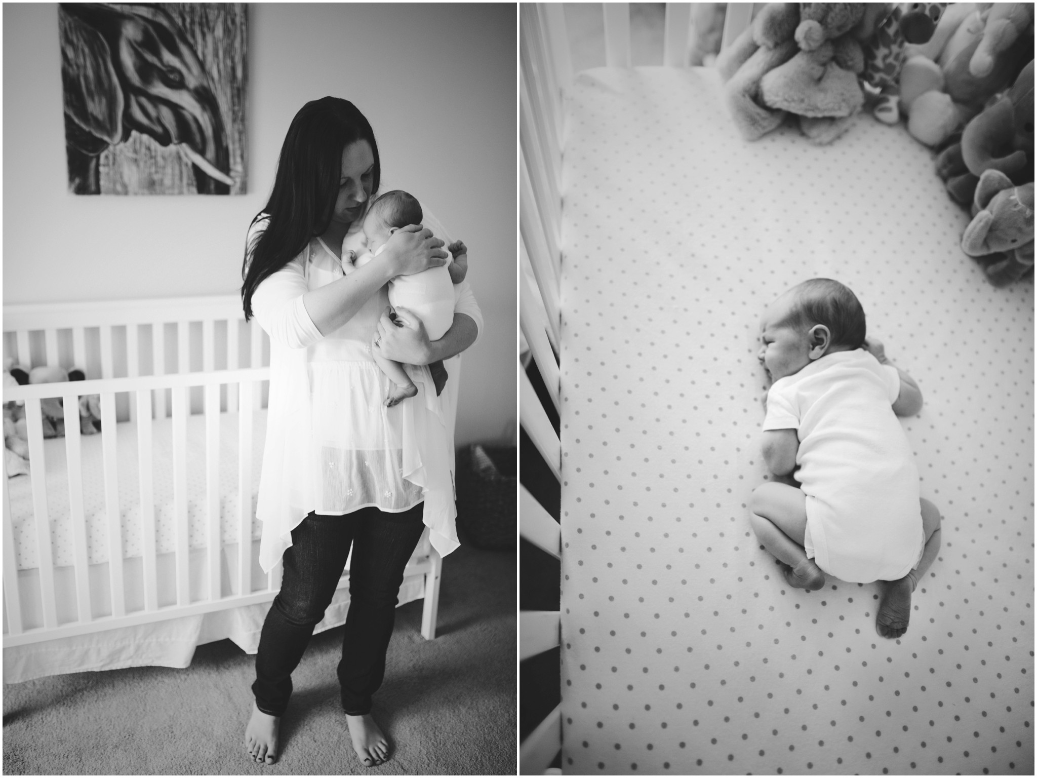 mom holding baby by the crib